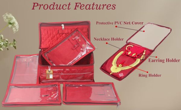 atorakushon Satin Women's Jewellery Organizer Necklace Pouches Ring Earring Travelling Make up Kit with 5 Pouch (Maroon) - Image 4