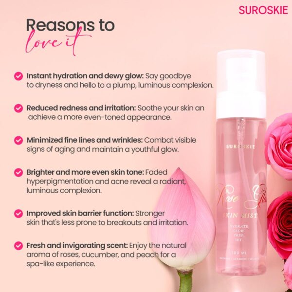 SUROSKIE Rose Glass Skin Mist 100ml | 2 in 1 Face Toner + Makeup Setting Spray | Enriched With Rose Water & Aloe Vera | Toner For Glowing & Hydrating Skin | All Skin Types | For Men & Women - Image 4