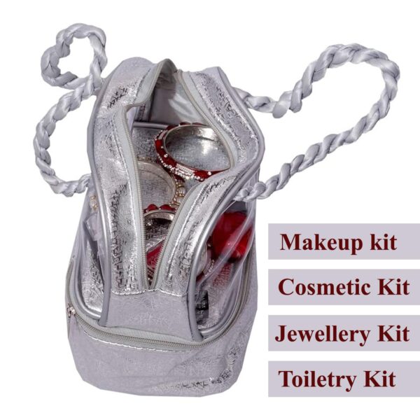 Kuber Industries Makeup kit | Choti Pattern Cosmetic Kit | Double Layer Cosmetic Kit | Laminated Travel Jewellery Kit | Vanity Makeup kit with Handle | Pack of 2 | Silver - Image 6