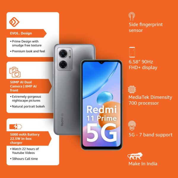 Redmi 11 Prime 5G (Chrome Silver, 6GB RAM, 128GB Storage) | Prime Design | MTK Dimensity 700 | 50 MP Dual Cam | 5000mAh | 7 Band 5G - Image 3
