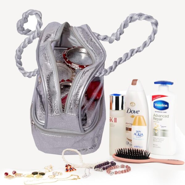 Kuber Industries Makeup kit | Choti Pattern Cosmetic Kit | Double Layer Cosmetic Kit | Laminated Travel Jewellery Kit | Vanity Makeup kit with Handle | Pack of 2 | Silver - Image 3