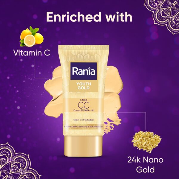 Rania CC Cream SPF50PA++IR with Vitamin C,24K Gold|Tinted moisturizer|Foundation & skincare|Lightweight|9-5 long lasting |Natural makeup look,25g - Image 6