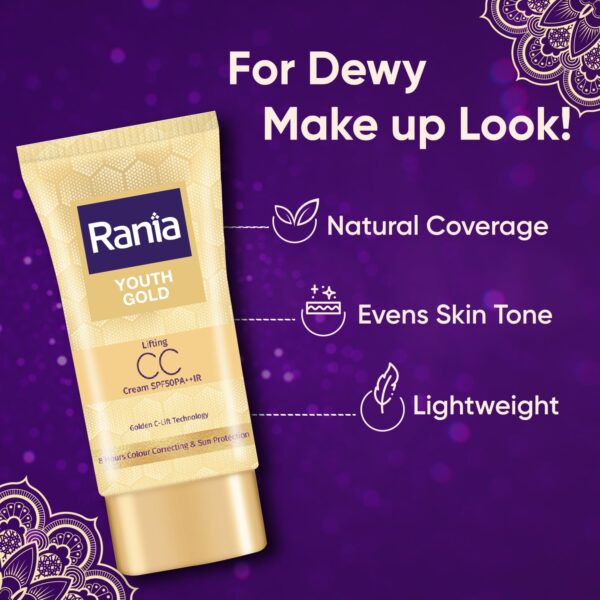 Rania CC Cream SPF50PA++IR with Vitamin C,24K Gold|Tinted moisturizer|Foundation & skincare|Lightweight|9-5 long lasting |Natural makeup look,25g - Image 5