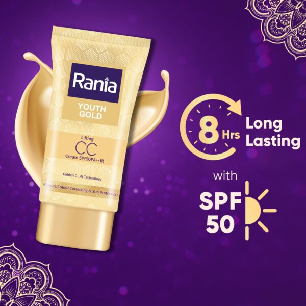 Rania CC Cream SPF50PA++IR with Vitamin C,24K Gold|Tinted moisturizer|Foundation & skincare|Lightweight|9-5 long lasting |Natural makeup look,25g - Image 3