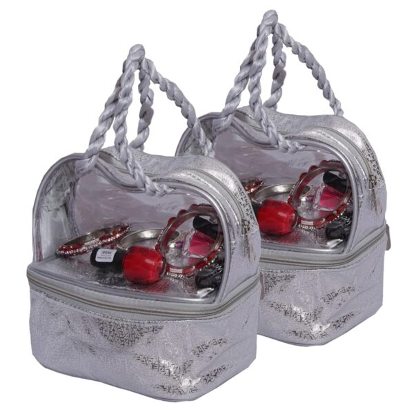 Kuber Industries Makeup kit | Choti Pattern Cosmetic Kit | Double Layer Cosmetic Kit | Laminated Travel Jewellery Kit | Vanity Makeup kit with Handle | Pack of 2 | Silver - Image 2