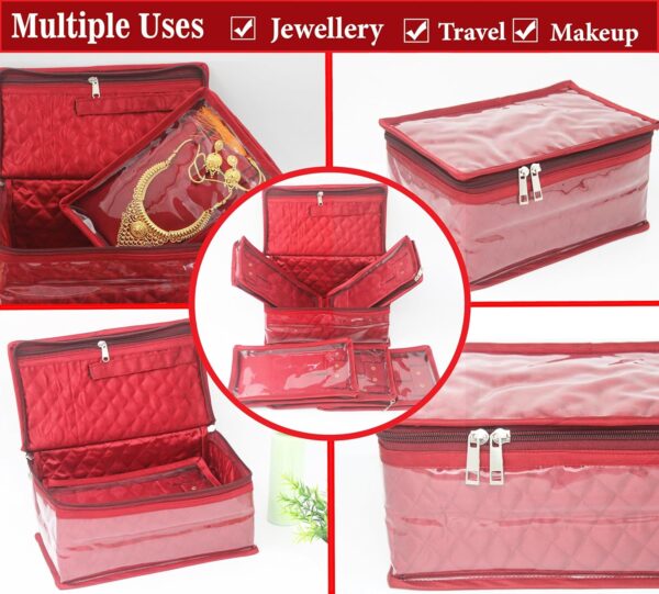 atorakushon Satin Women's Jewellery Organizer Necklace Pouches Ring Earring Travelling Make up Kit with 5 Pouch (Maroon) - Image 9