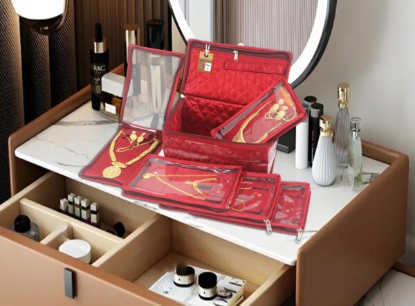 atorakushon Satin Women's Jewellery Organizer Necklace Pouches Ring Earring Travelling Make up Kit with 5 Pouch (Maroon) - Image 5