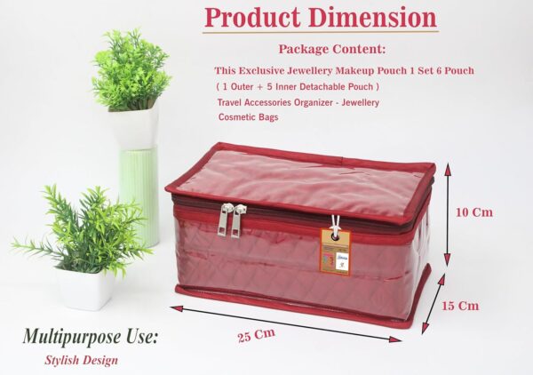 atorakushon Satin Women's Jewellery Organizer Necklace Pouches Ring Earring Travelling Make up Kit with 5 Pouch (Maroon) - Image 6