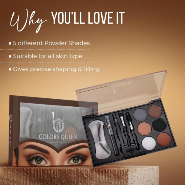 Colors Queen Eyebrow Styling Kit with 5 Highly Pigmented Shades and 1 Wax, Spoolie, Eyebrow Pencil, Eyebrow Stencil, Hair Plucker & Angular Brush (Palette) - Image 7