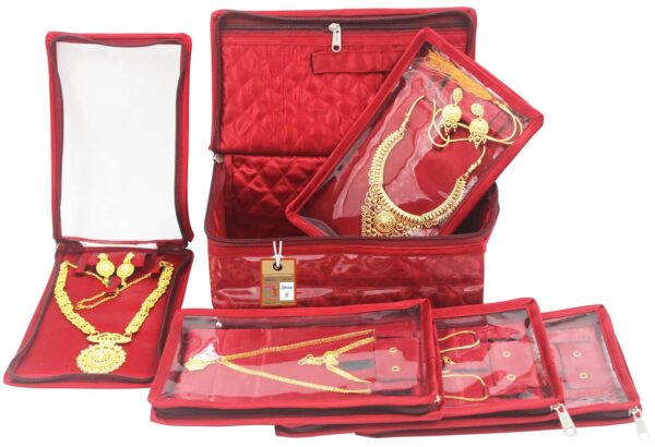 atorakushon Satin Women's Jewellery Organizer Necklace Pouches Ring Earring Travelling Make up Kit with 5 Pouch (Maroon) - Image 2