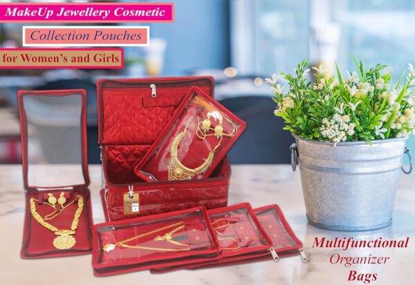 atorakushon Satin Women's Jewellery Organizer Necklace Pouches Ring Earring Travelling Make up Kit with 5 Pouch (Maroon) - Image 3