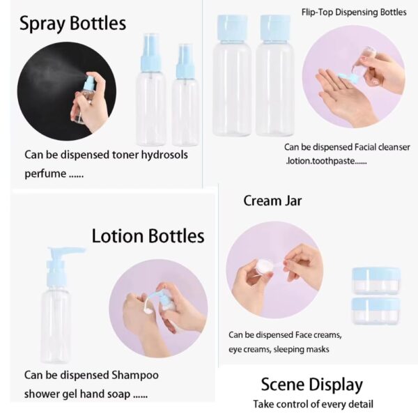 7-Pcs Leak Proof Travel Bottles Kit - Refillable Toiletry Containers Set with Pouch for Shampoo, Lotion, Cream, Soap, Body Wash & Cosmetics - Portable Mini Travel Essentials for Men & Women (Pink) - Image 3
