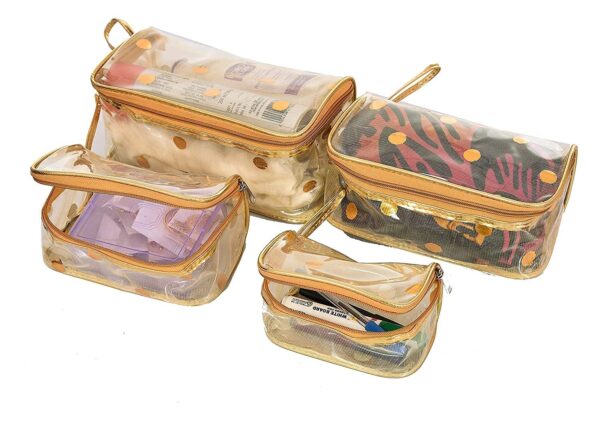 STACKRAID Set of 4 Multipurpose Transparent Travel Pouch Makeup Toiletry Kit Bag Pouch for Women Makeup Organizer Bag Vanity, Shaving Kit Toiletry Bag for Men -(White Checks -2) (Gold dots) - Image 4