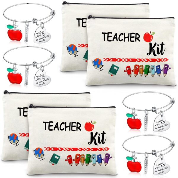 8 Pcs Teacher Appreciation Gift Set for Women, 4 Teacher Makeup Pouch Cosmetic Bags and 4 Bangle Bracelets, Christmas Valentines Thank You Gifts for Teacher, Teacher Survival Kit, 2.48 Inch, Teacher - Image 2