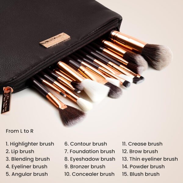 Minara Makeup Brush Set Of 15 With Easy To Carry Pouch (Black) | Travel Size Cosmetic Brushes Kit For Face Foundation Brush Eyeshadow With Storage | Makeup Pouch For Women | - Image 4
