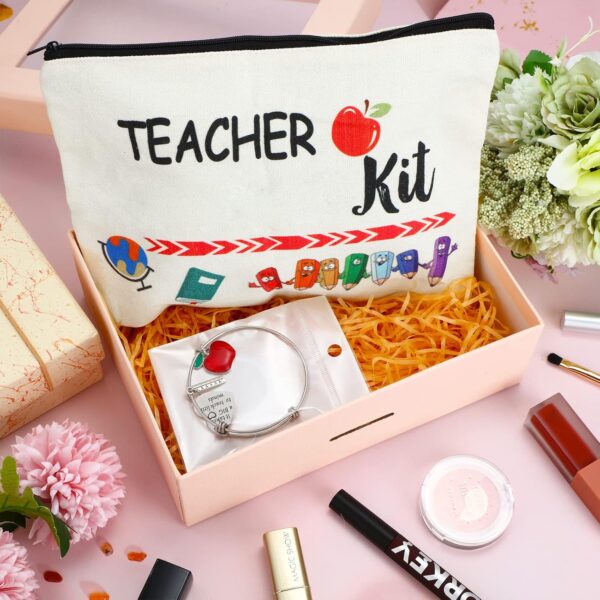 8 Pcs Teacher Appreciation Gift Set for Women, 4 Teacher Makeup Pouch Cosmetic Bags and 4 Bangle Bracelets, Christmas Valentines Thank You Gifts for Teacher, Teacher Survival Kit, 2.48 Inch, Teacher - Image 3