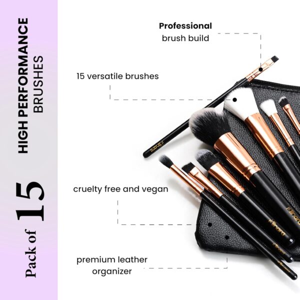 Minara Makeup Brush Set Of 15 With Easy To Carry Pouch (Black) | Travel Size Cosmetic Brushes Kit For Face Foundation Brush Eyeshadow With Storage | Makeup Pouch For Women | - Image 3